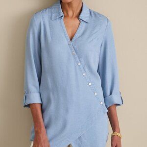 Soft Surroundings Top XS Washed Tencel Blue Chambray Cross Over Tunic